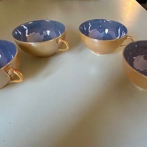 Lusterware 4 cups, iridescent light blue interior, peachy gold exterior
